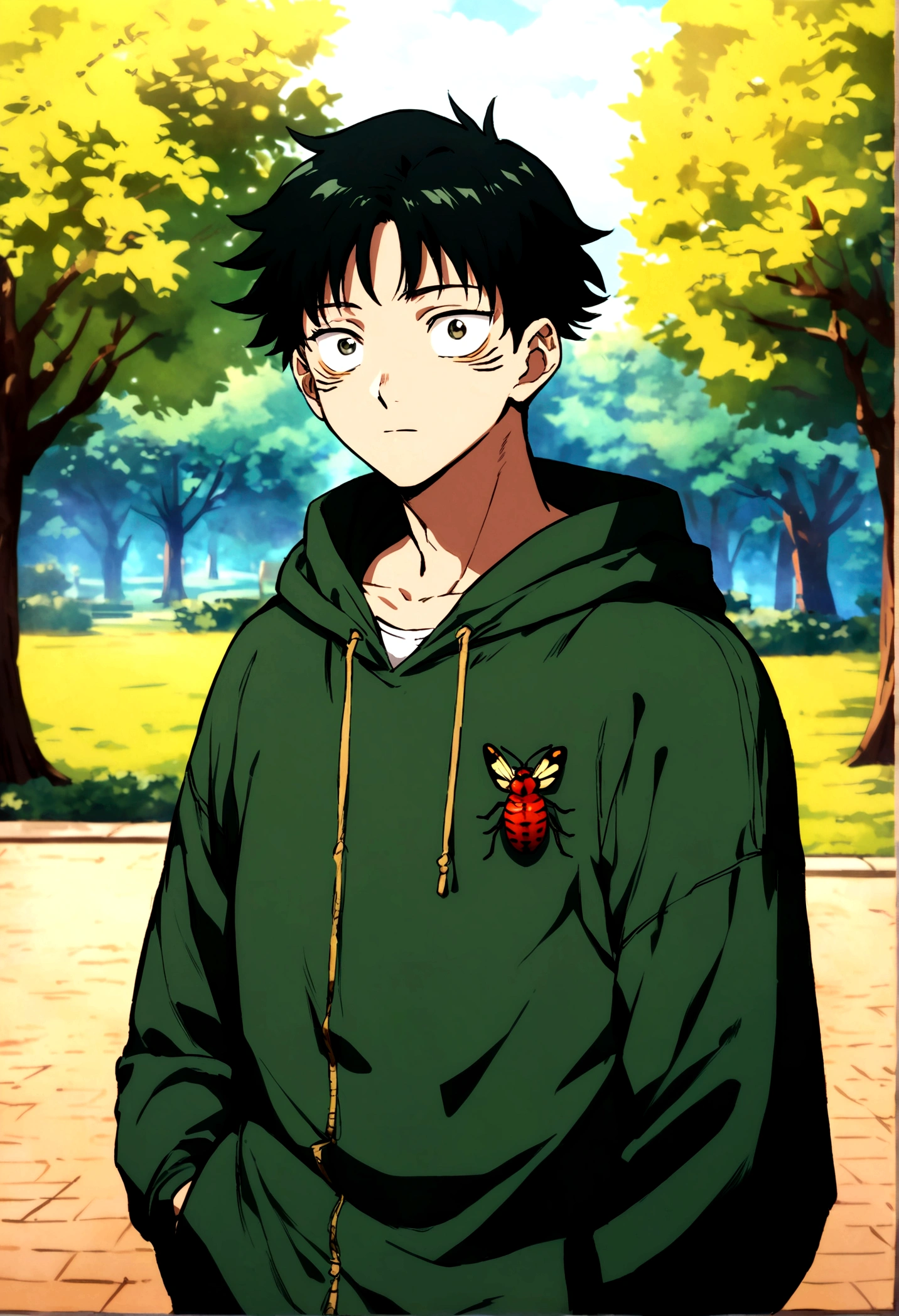 young male, dark short hair, dark green open hoodie, bug theme, eye bags, park background, jujutsu kaisen artstyle, friendly
