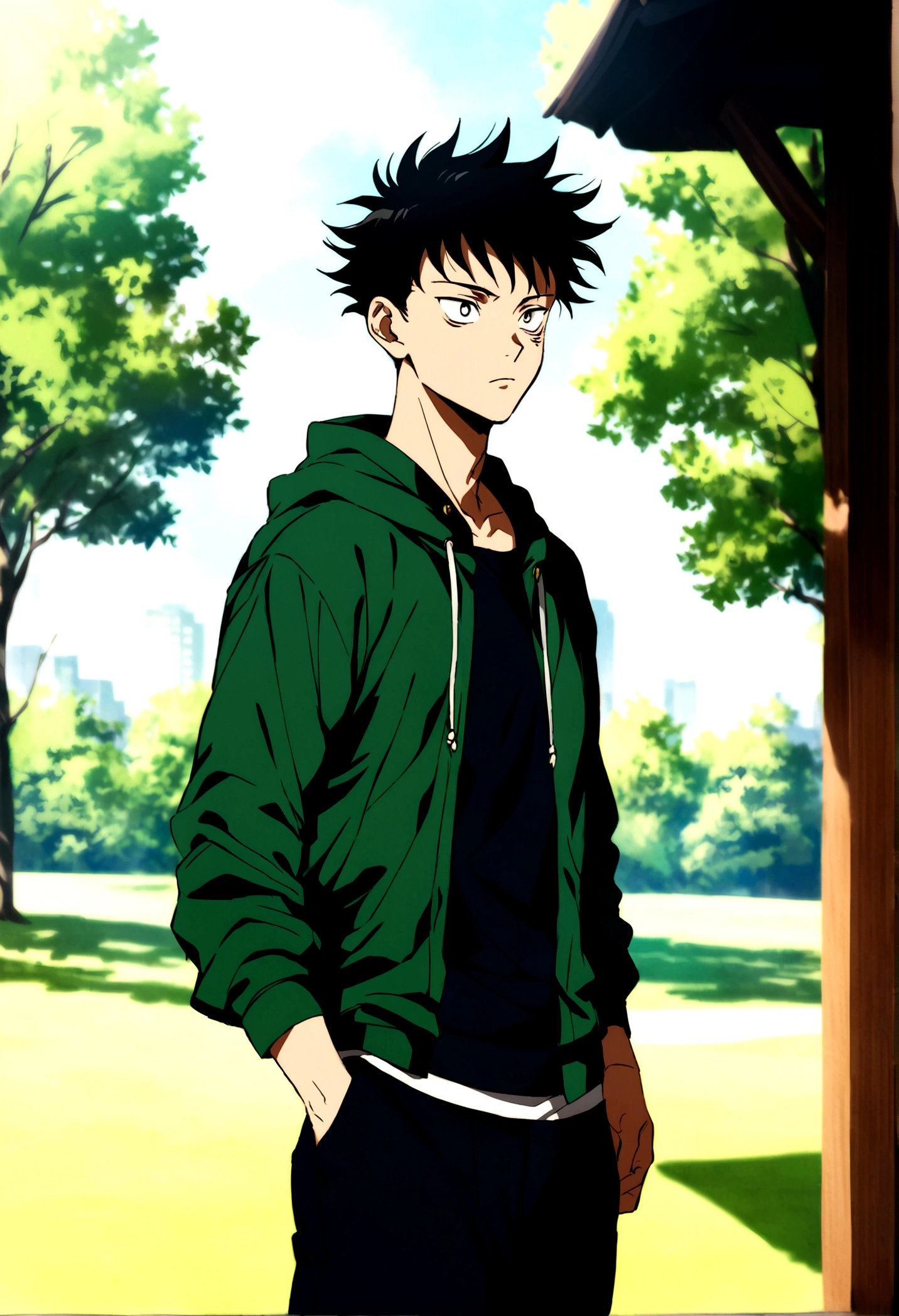 young male, dark short hair, dark green open hoodie, bug theme, eye bags, park background, jujutsu kaisen artstyle, friendly
