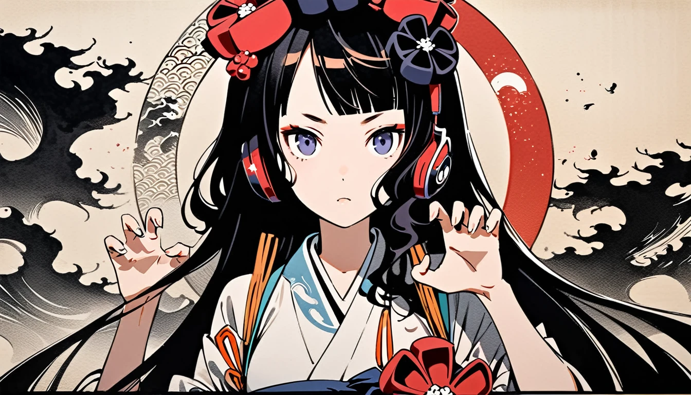 (((claw pose))), (((Katsushika Hokusai))), (((Ink Painting))), ((very straight longhair)), ((1 girl)), ((android)), Japanese style headphones, Black Hair, Delicate and precise, Modern ukiyo-e style, Frontal face