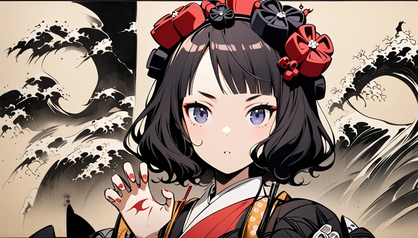(((claw pose))), (((Katsushika Hokusai))), (((Ink Painting))), ((very straight longhair)), ((1 girl)), ((android)), Japanese style headphones, Black Hair, Delicate and precise, Modern ukiyo-e style, Frontal face