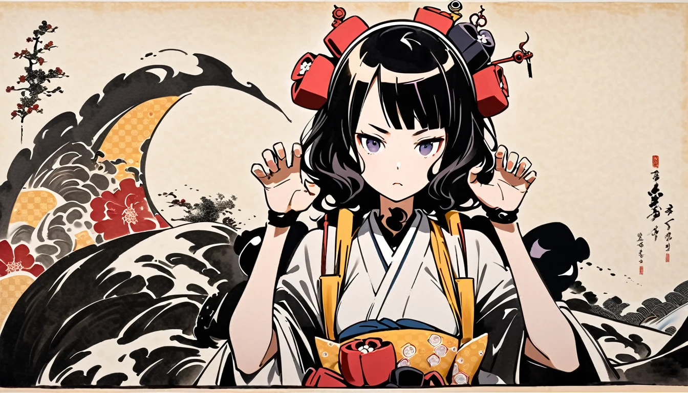 (((claw pose))), (((Katsushika Hokusai))), (((Ink Painting))), ((very straight longhair)), ((1 girl)), ((android)), Japanese style headphones, Black Hair, Delicate and precise, Modern ukiyo-e style, Frontal face