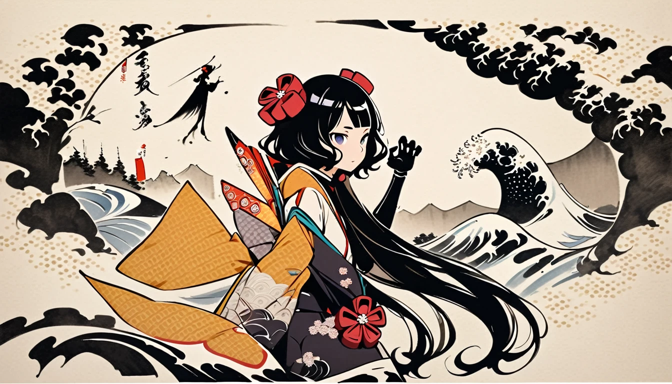 (((claw pose))), (((Katsushika Hokusai))), (((Ink Painting))), ((very straight longhair)), ((1 girl)), ((android)), Japanese style headphones, Black Hair, Delicate and precise, Modern ukiyo-e style, Frontal face