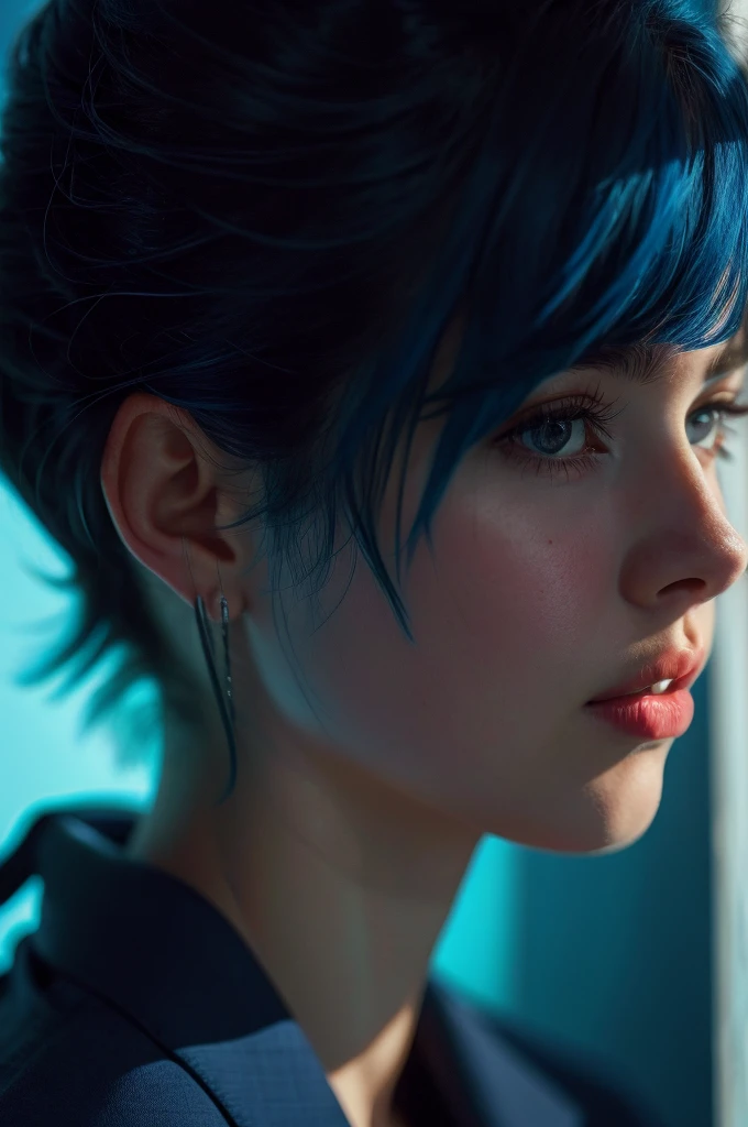 Instagram Photos, French woman, 21 years old, square hair cut,Blue hair, Close-up portrait, Jacket,shirt, Neckline, pale, Sharp Shadow