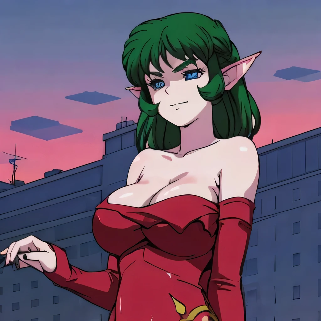 ((masterpiece,best quality,ultra-delicate,Perfect Face,16k,high resolution,very beautiful girl)),medium short green hair, seductive pose,Red strapless bodycon tube dress ,Red long arm sleeves,red high heels,Elf Girl,large Breasts,blue eyes,Beautiful smile,20 years old