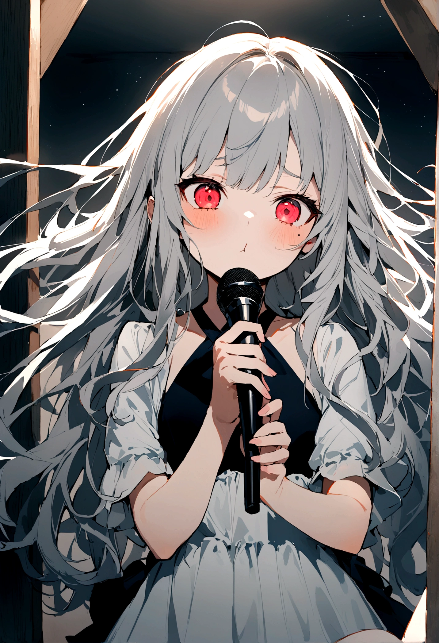 1 girl character。whole body、gray hair color、Glowing red eyes、Long Hair、There is a mole under the left eye。The expression is calm、A calm expression that doesn't show much emotion、Singing with a microphone in a room、