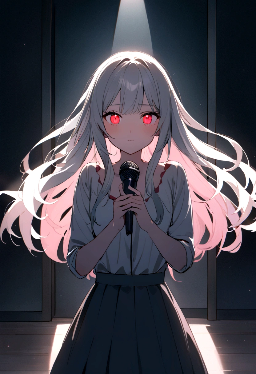 1 girl character。whole body、gray hair color、Glowing red eyes、Long Hair、There is a mole under the left eye。The expression is calm、A calm expression that doesn't show much emotion、Singing with a microphone in a room、