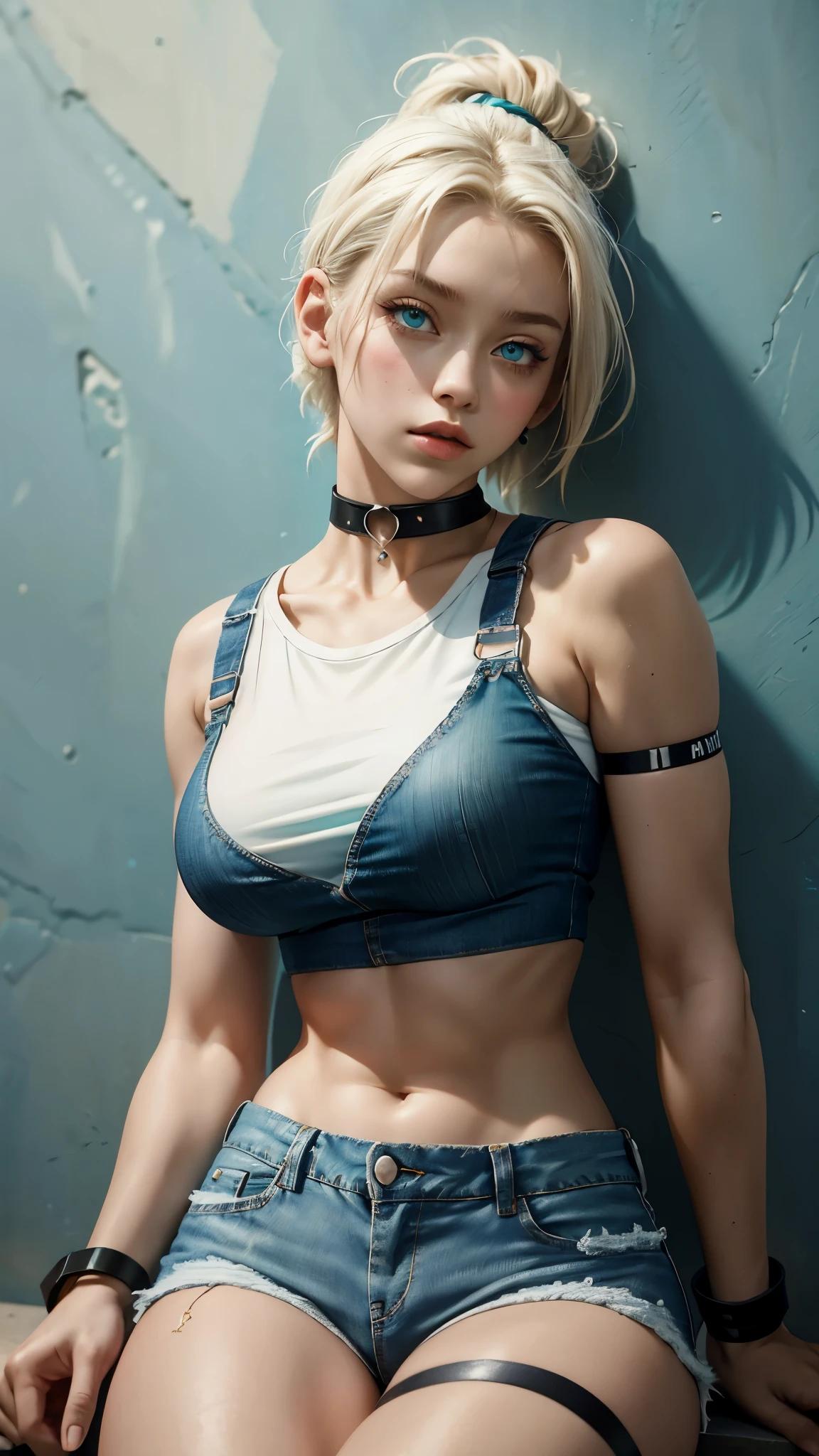 masterpiece, best quality, 1girl, solo, white crop top, big breast denim shorts, choker, arms behind back, against wall, looking at viewer, armband, thigh strap, paint on body, head tilt, bored, blond hair, aqua eyes