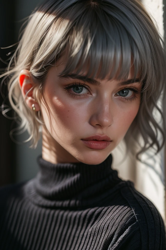 Instagram Photos, French woman, 21 years old, square hair cut,Gray hair, Close-up portrait, sweater, Neckline, pale, Sharp Shadow