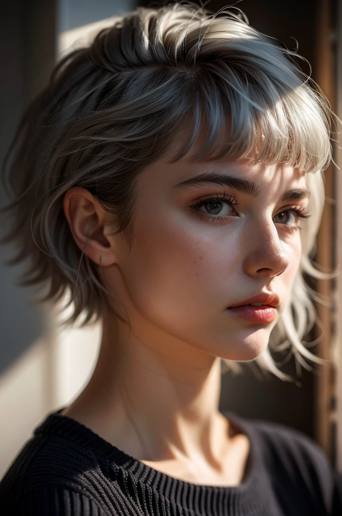 Instagram Photos, French woman, 21 years old, square hair cut,Gray hair, Close-up portrait, sweater, Neckline, pale, Sharp Shadow