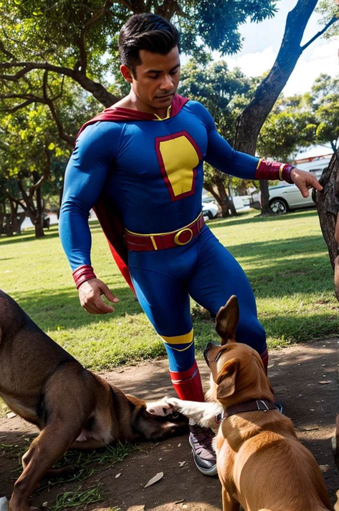 A colombian superhero saving a dog from a tree 