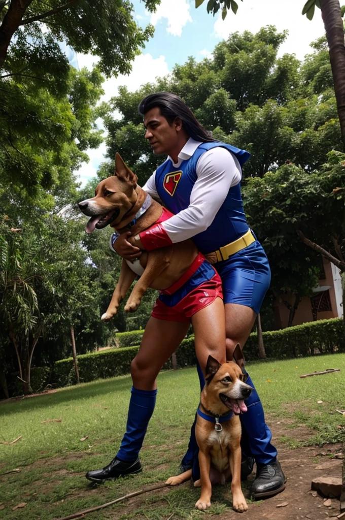 A colombian superhero saving a dog from a tree