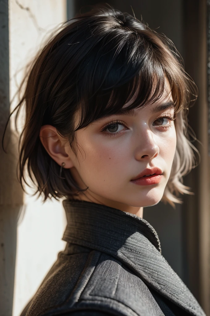 Instagram Photos, French woman, 21 years old, square hair cut,Gray hair, Close-up portrait, Jacket,shirt, Neckline, pale, Sharp Shadow