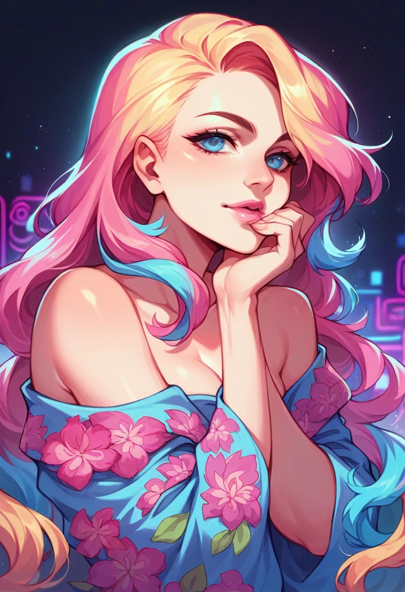 Beautiful girl in the style of digital art, vibrant colors, neon lights, floral patterns, long hair, pink lips, blue eyes, off-the-shoulder top with colorful pattern, hand on chin, surrounded by glowing elements and fluorescent plants.