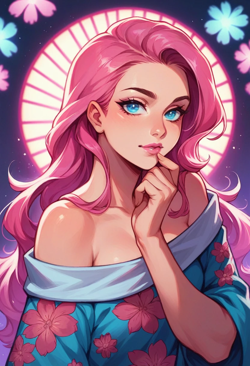 Beautiful girl in the style of digital art, vibrant colors, neon lights, floral patterns, long hair, pink lips, blue eyes, off-the-shoulder top with colorful pattern, hand on chin, surrounded by glowing elements and fluorescent plants.