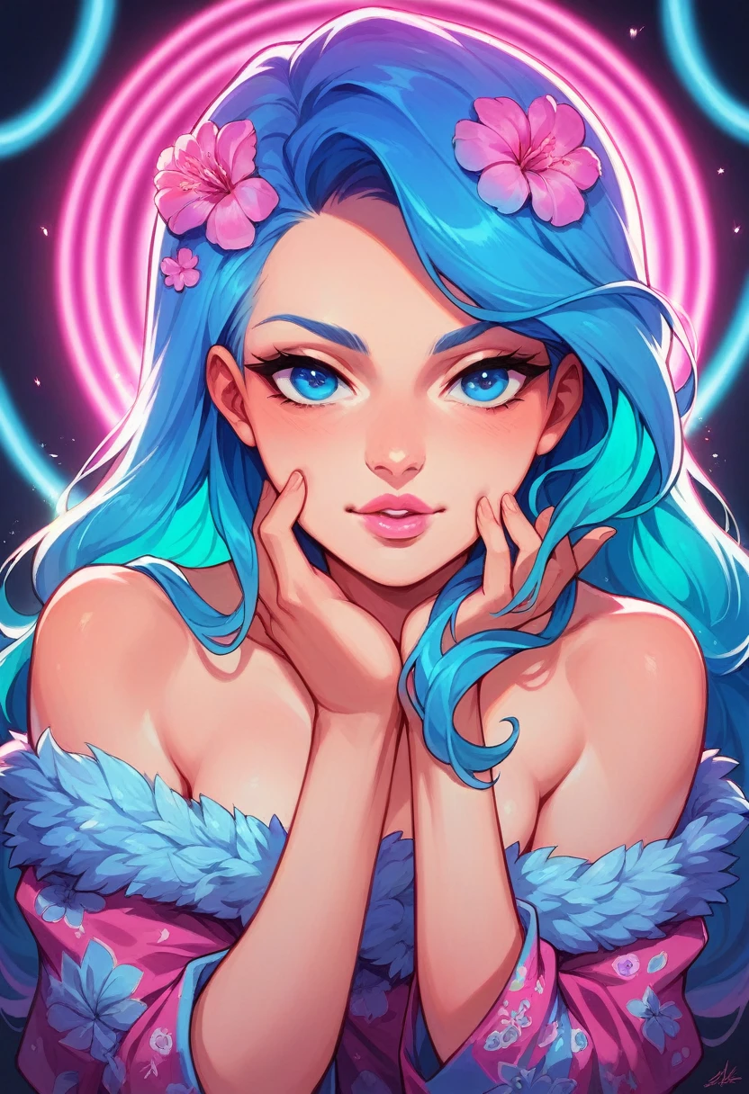 Beautiful girl in the style of digital art, vibrant colors, neon lights, floral patterns, long hair, pink lips, blue eyes, off-the-shoulder top with colorful pattern, hand on chin, surrounded by glowing elements and fluorescent plants.
