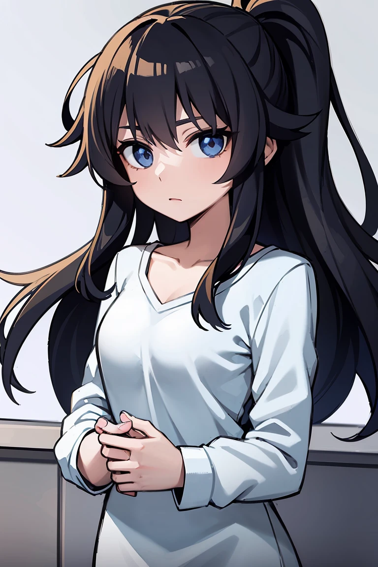 screenshot of girl from the anime Boku No Hero, long curly black hair, light blue eyes, wearing a simple white long sleeve t-shirt with a V-neckline.