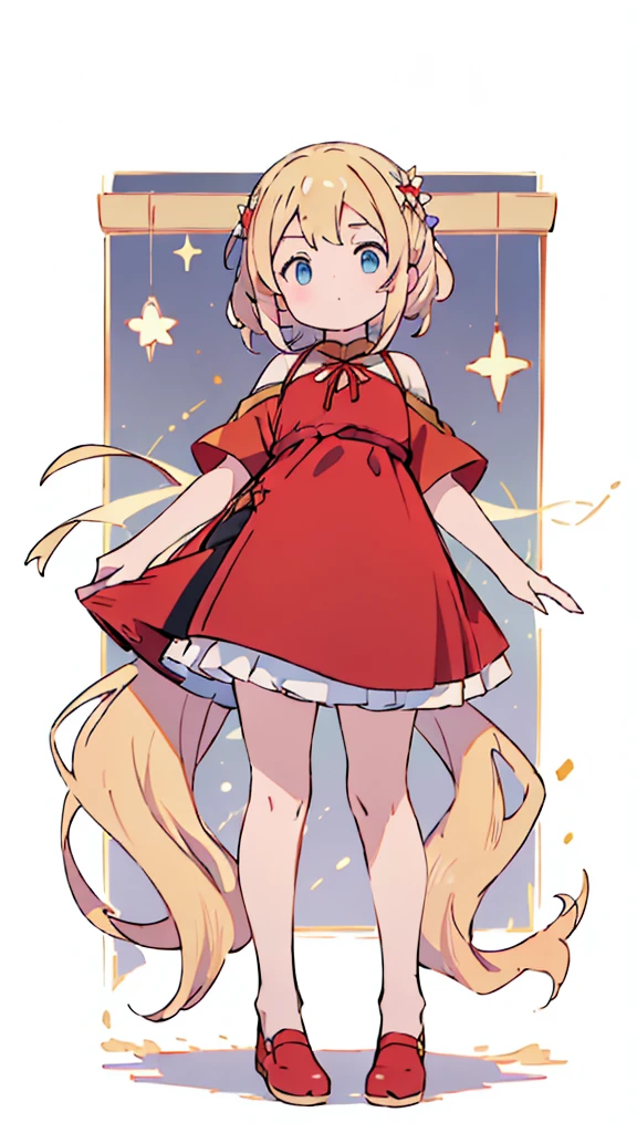 ((masterpiece))((Highest quality))Standing upright、Blonde、(Twin tails)(So that your whole body can be seen)、Directly in front、No background、(Put your feet on the ground)low length、、Flat Chest、Are thin、Red dress、