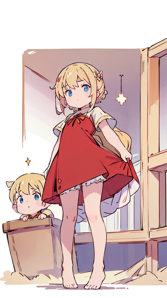 ((masterpiece))((Highest quality))Standing upright、Blonde、(Twin tails)(So that your whole body can be seen)、Directly in front、No background、(Put your feet on the ground)low length、、Flat Chest、Are thin、Red dress、