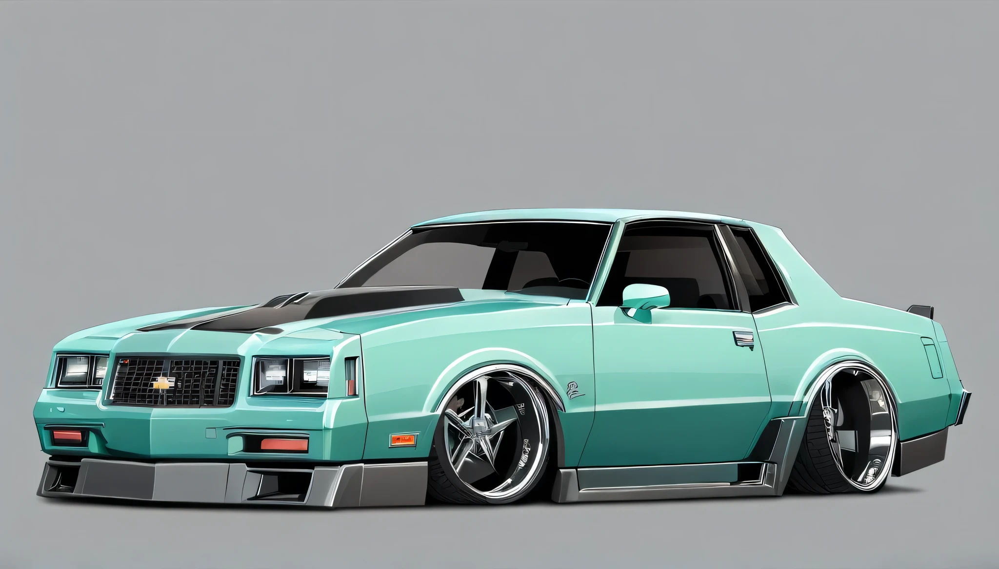 Mint colored 1986 Chevy monte carlo ss, pop art, cartoonish style ,detailed, illustration, slammed to the ground, large black staggered wheels, wide bodykit, masterpiece, highly detailed ((([simple grey background])))