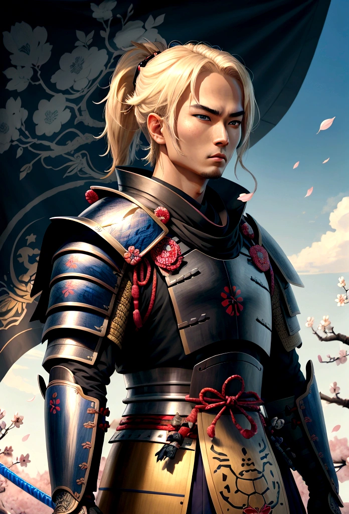 The most brave and noble turtle samurai warrior, blonde hair, blue eyes, incredibly detailed black samurai armor with mounted sashimono war flag, cherry blossoms blowing in the wind, perfect masterpiece, high quality, high resolution