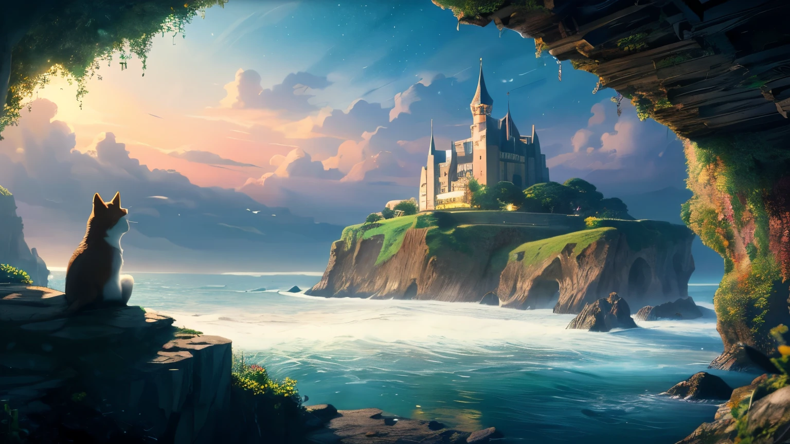 masterpiece,Highest quality,Official Art,Highly detailed CG Unity 8k wallpaper,Outdoor, animal, Ocean，sunlight,Studio Ghibli,Tranquility,Laputa,Night Sky,Castle in the Sky,Wales
