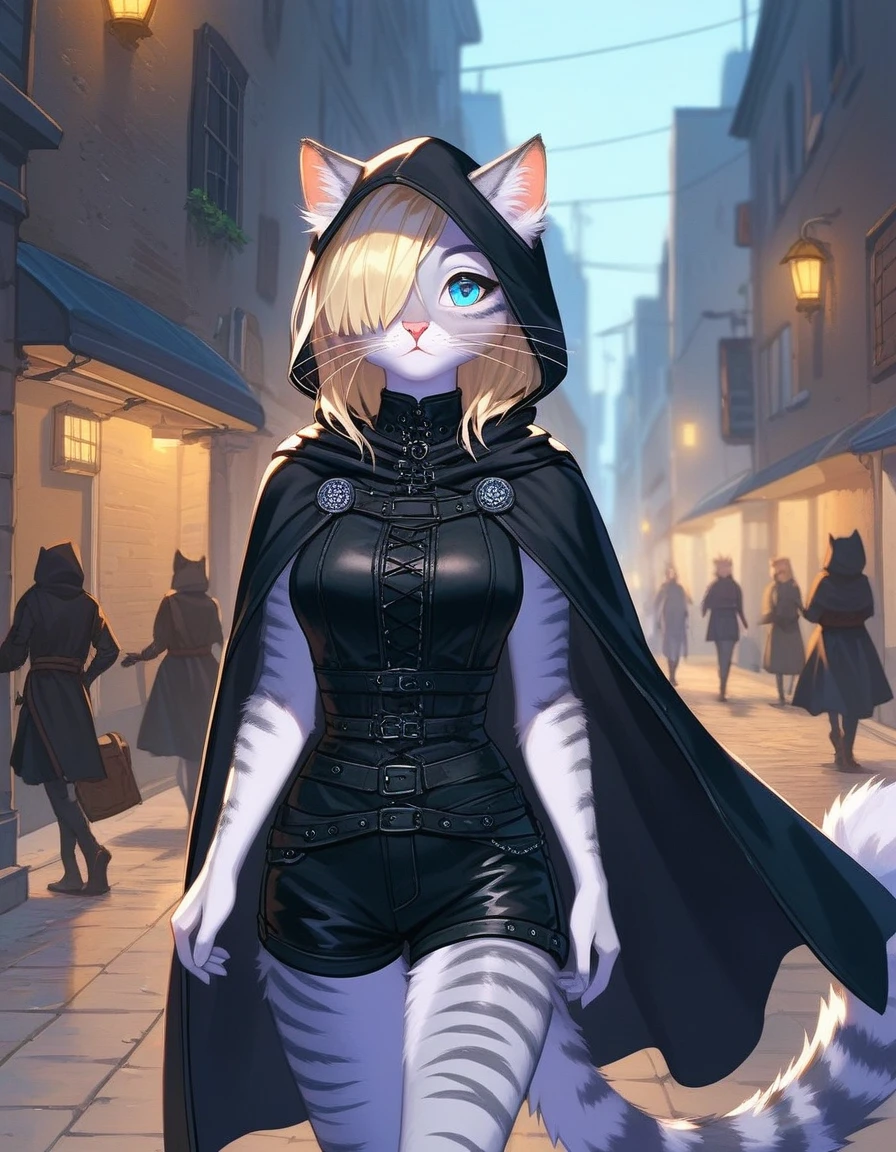 Solo, score_9,score_8_up,score_7_up, source_cartoon, kat, Anthro furry feline, female, tall slender body, long blonde hair, long undercut hair, hair covering one eye, pink nose, blue eyes, white whiskers, silver fur, grey stripes, furry body, wearing black cloth vest, black hood, black cloak, black leather medieval vest, black short shorts, adventuring gear, outdoors, nighttime, eyes glowing blue, walking through a dark alley, medieval city alley, shrouded in darkness, focused expression, hiding, skulking 