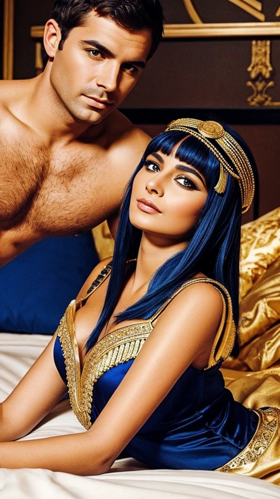 Cleopatra in bed in a chic dress with a man, top quality, good drawing, Beautiful face