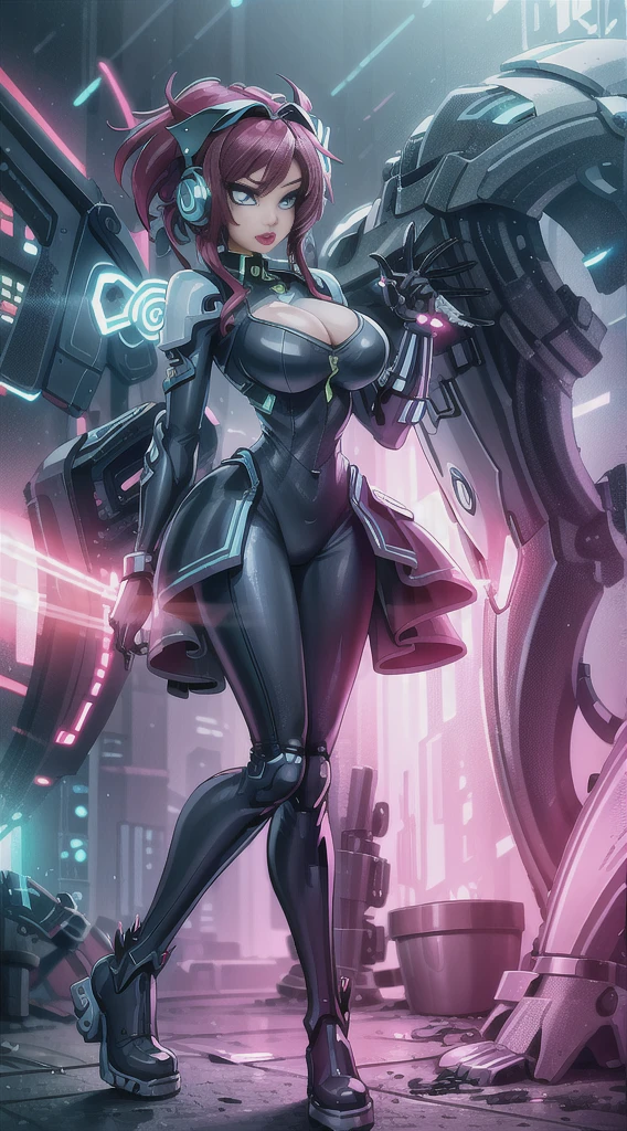 future, neon, tech Valkyrie, technology bodysuit,tech boots, tech gloves, tech headphones, cleavage, fullbody dynamic sexy pose, Tech futuristic armor. 