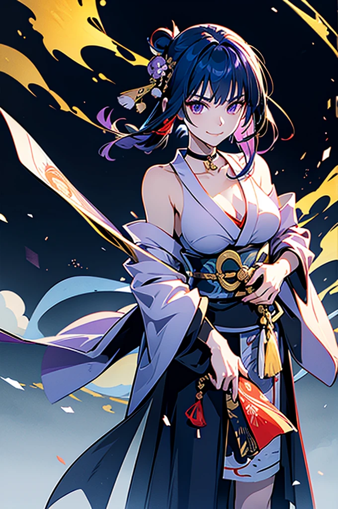roll up bandage on a chest tightly to cover the chest without gaps under kimomo, Japanese Gangster BOSS, adult woman with the dignified presence, Killing Qi, wear the kimono from the waist down, ((kimono come off)) ,wear the kimono multiple times, Bare shoulders and the clavicle, black and gold kimono, put on over jacket of kimono, holding a japanese sword which shine in purple, long sword, eye fire, low angle, whole body, bandage is seen, anime character, inappropriate smile, off sholder, nappropriate smile, Excellent, black blue hair, can see both shoulder, long hem
