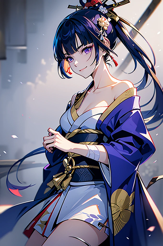roll up bandage on a chest tightly to cover the chest without gaps under kimomo, Japanese Gangster BOSS, adult woman with the dignified presence, Killing Qi, wear the kimono from the waist down, ((kimono come off)) ,wear the kimono multiple times, Bare shoulders and the clavicle, black and gold kimono, put on over jacket of kimono, holding a japanese sword which shine in purple, long sword, eye fire, low angle, whole body, bandage is seen, anime character, inappropriate smile, off sholder, nappropriate smile, Excellent, black blue hair, can see both shoulder, long hem