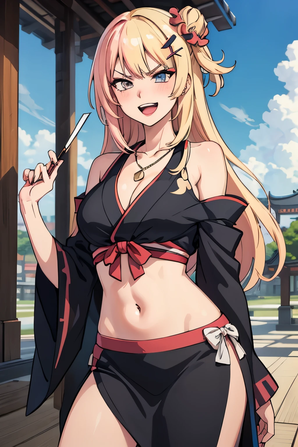 negev_girlsfrontline, 1girl, holding_gun, machine_gun, blush, lipstick, long hair, crazy eyes ,Hot girl, baddie, staring, glaring, bad attitude, mean girl, dare, angry, hate, crazy, smoking, sensual, attractive, masterpiece, best quality, highly detailed, a anime girls in kimono dress with a sword posing for a picture, bare shoulder,open kimono, evil smile, open mouth, crop top , (nsfw) not safe for work, smile, ecchi anime style, anime girls, ecchi style, ecchi, digital anime art!!, in anime style, official artwork, visual novel cg, beautiful anime girl, anime style 4 k, kimono pencil skirt, exposed belly, exposed navel, exposed midriff, exposed lower belly, outdoor, japanese architecture, temple