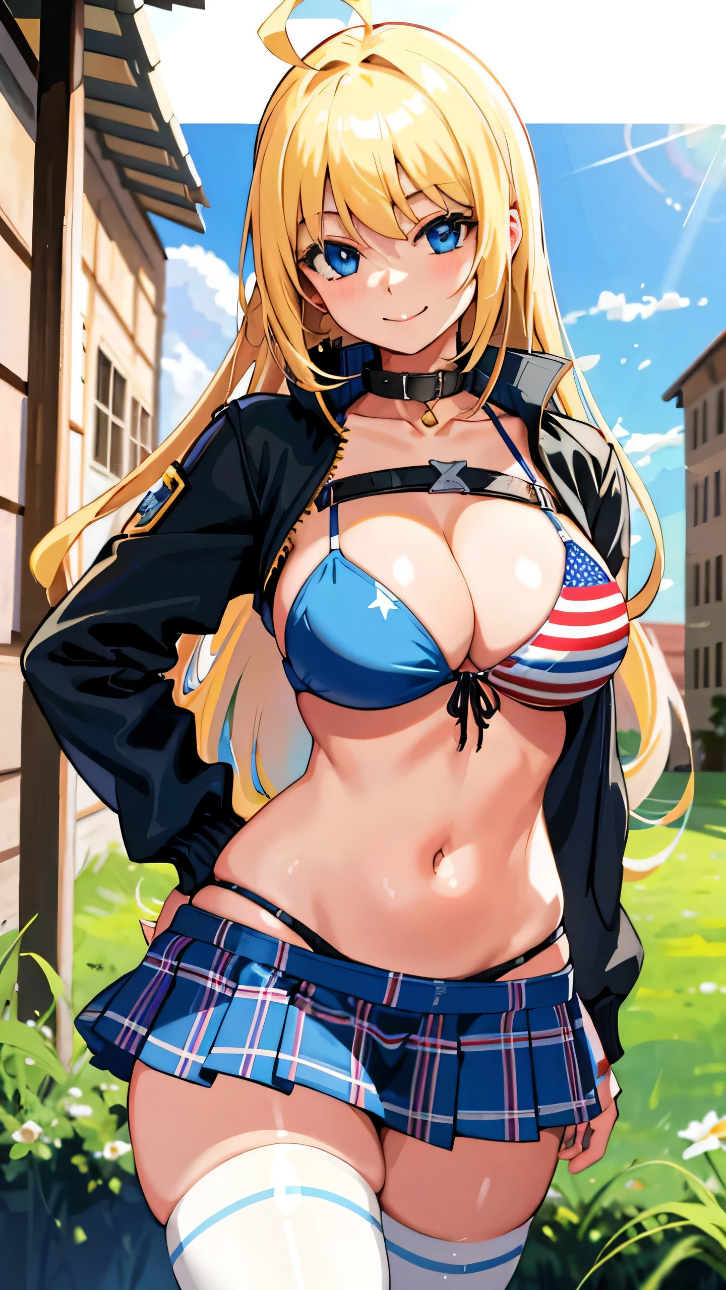 Masterpiece, 1 girl, Solo, Best quality, A high resolution, Blonde hair, ahoge, Blue eyes, Texas flag bikini, mini plaid skirt, Collar, bikini top only, Smile, Cowboy shot, hand on hips, Outdoors, white thighhighs, Large breasts, cleavage, Open jacket, sleeves past wrists
