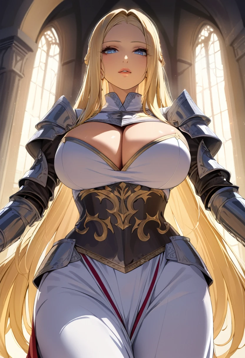 1 woman, medieval, queen, Caucasian, light skin, blue eyes, plump lips, absolutely beautiful face, large breasts, cleavage, wide hips, elegant armour chestplate, heavy cleavage, straight blonde hair, detailed skin, skin detail, (best quality,4k,8k,highres,masterpiece:1.2),ultra-detailed,dramatic lighting,