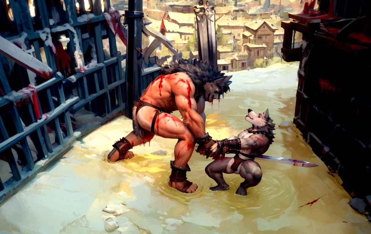 Couple of Sexy young anthro furry wolfes male mercenary warriors, slim endomorph muscular, handsome gay model male apperance, they are fighting with swords in forest ancient battle, sword duel, angry anger look, rage, sword scars, worn out leather skimpy armament, low on hips heavy leather belt, old very worn out skimpy dirty linen material jockstrap, old yellow dirty worn out stains on white sawn jockstrap, very visible "x" brown seam pattern on the jockstrap, studded skimpy armlets breastplate armor, skimpy breastplate, leather bondages, fingerless leather gloves, smelly unwashed furr, dirty body look, both of them hold blooded sword in hand, proffesional anathomy, correct anathomy, five fingers, correct muscules building, proffesional perspective, professional composition, proffesional cinematic sword fight scene, correct sword hold in hand, onehit another sword, one parry the hit ckashing both swords, sword clash, crossed swords, big heavy swords, one wolf same look lies under tree dying pierced with spear in chest, blood, bloody battle, bloody swords, blood
