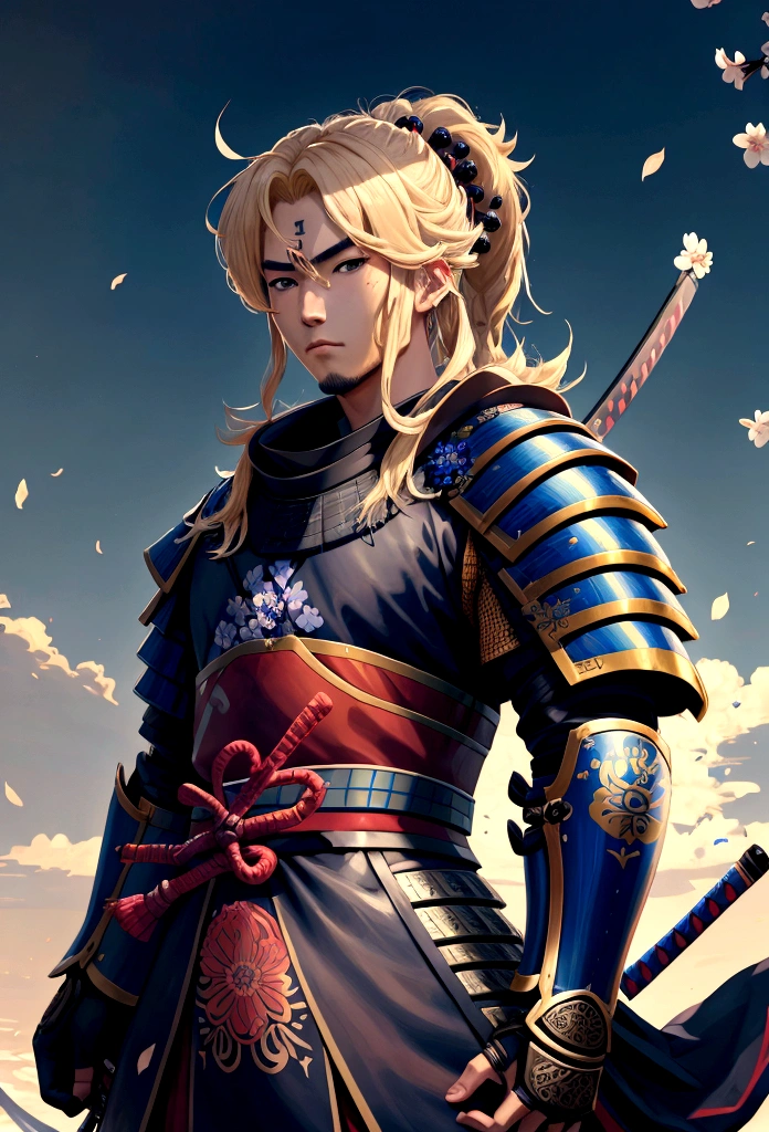 The most brave and noble turtle samurai warrior, blonde hair, blue eyes, incredibly detailed black samurai armor with mounted sashimono war flag, cherry blossoms blowing in the wind, perfect masterpiece, high quality, high resolution