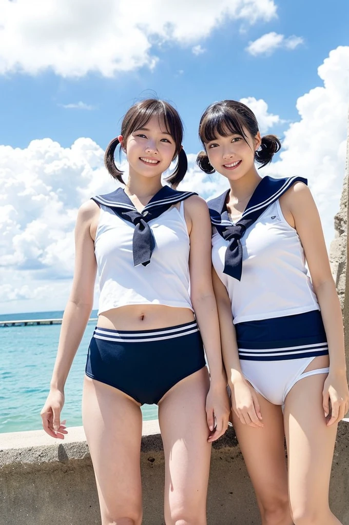 2 girls walking in beach,cumulonimbus cloud in summer sky,short-sleeved sailor shirt,white thong,18-year-old,bangs,a little smile,thighs,knees,short hair with low pigtails bunches,from below,front light