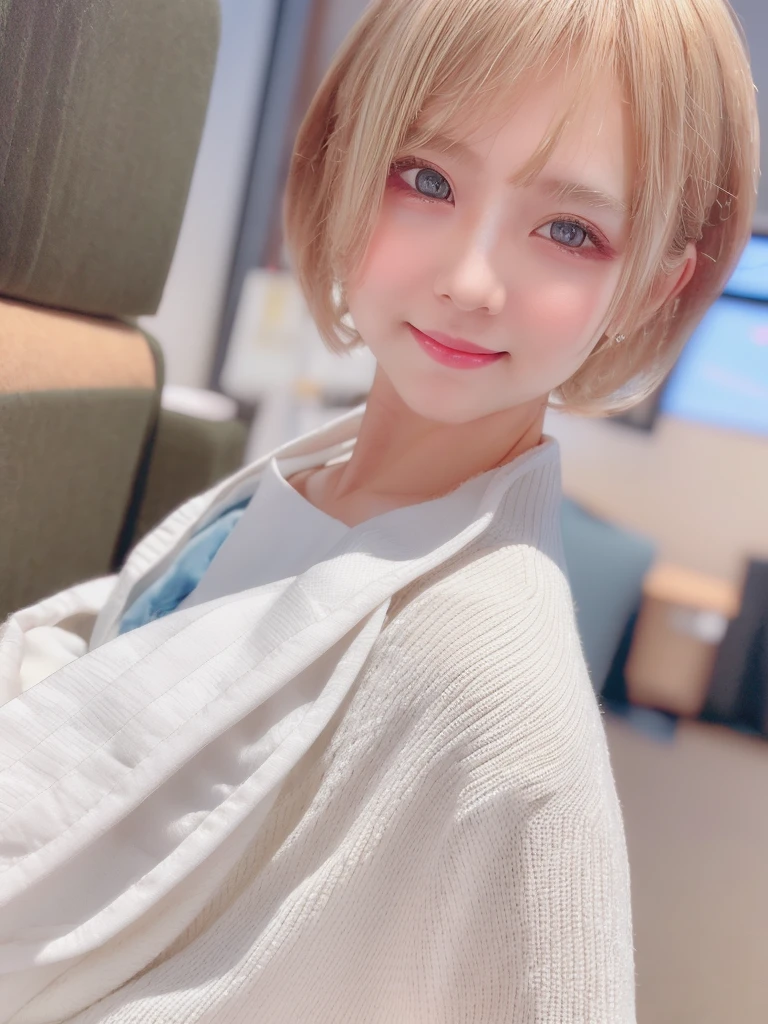 A girl with white skin and short hair。She has blonde hair, big dark eyes, wears summer clothing, and has an elegant and sophisticated touch that matches her mysterious and gentle personality.. whole, Her appearance will be impressive, Smiling and very cute,Attracts curious and inquisitive gazes. Cinema Lighting, chromatic aberration, Backlight, Selfie style,masterpiece, Attention to detail, high quality, 4K.