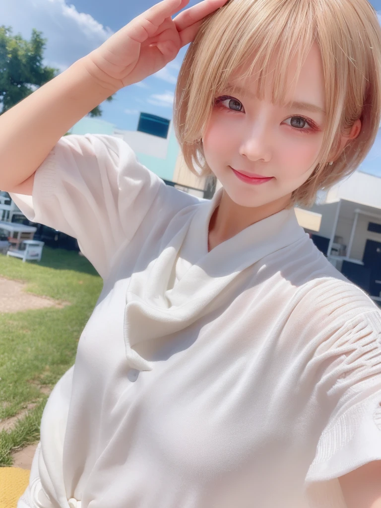 A girl with white skin and short hair。She has blonde hair, big dark eyes, wears summer clothing, and has an elegant and sophisticated touch that matches her mysterious and gentle personality.. whole, Her appearance will be impressive, Smiling and very cute,Attracts curious and inquisitive gazes. Cinema Lighting, chromatic aberration, Backlight, Selfie style,masterpiece, Attention to detail, high quality, 4K.