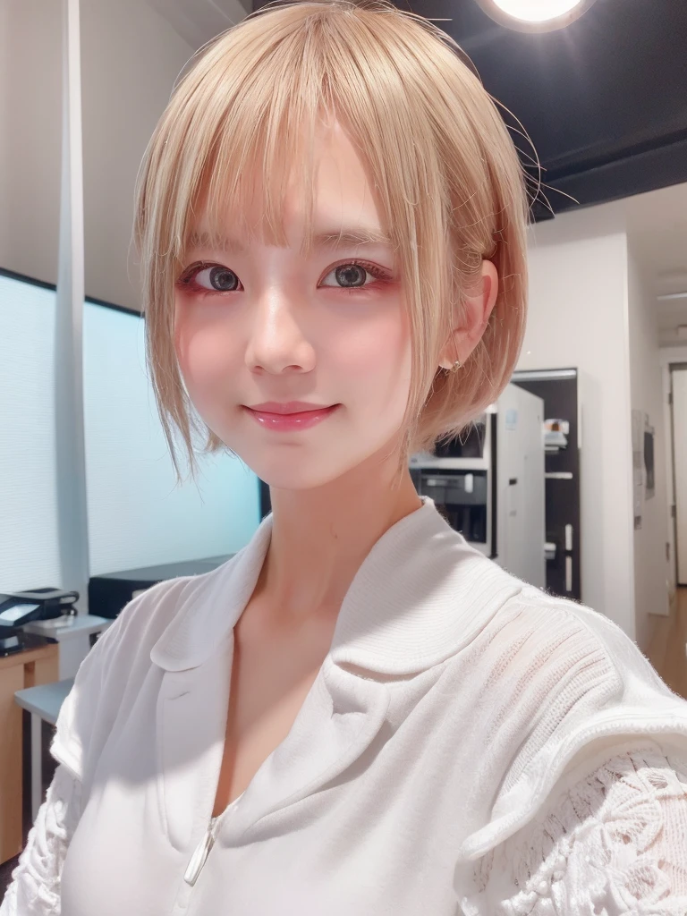 A girl with white skin and short hair。She has blonde hair, big dark eyes, wears summer clothing, and has an elegant and sophisticated touch that matches her mysterious and gentle personality.. whole, Her appearance will be impressive, Smiling and very cute,Attracts curious and inquisitive gazes. Cinema Lighting, chromatic aberration, Backlight, Selfie style,masterpiece, Attention to detail, high quality, 4K.