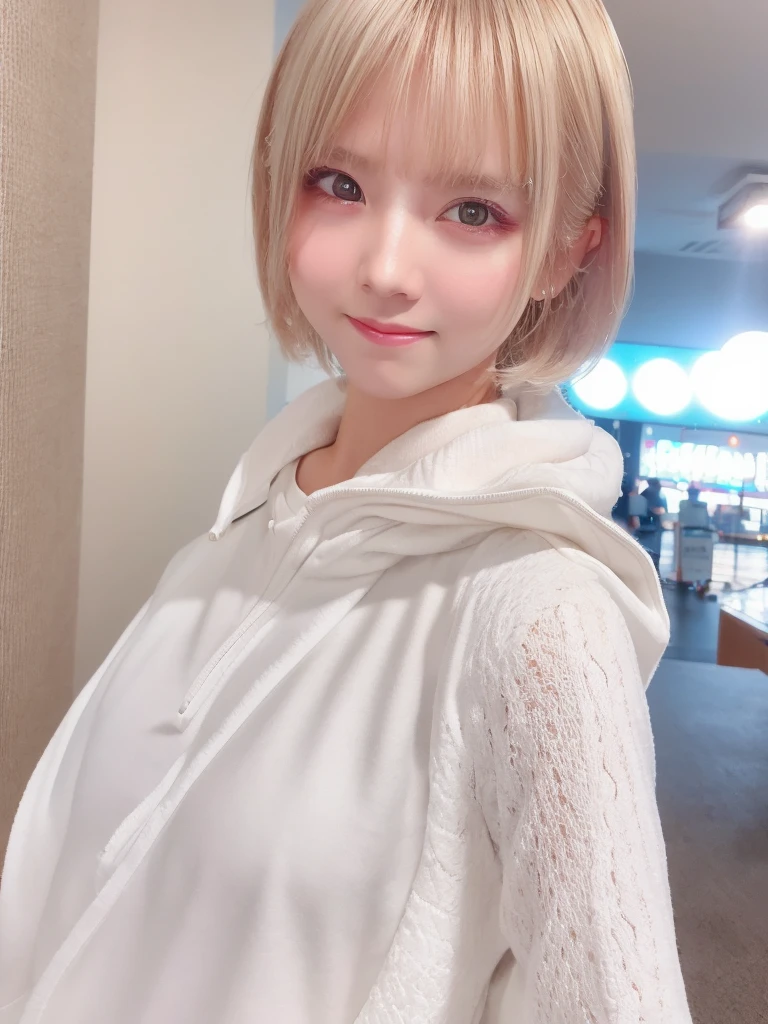 A girl with white skin and short hair。She has blonde hair, big dark eyes, wears summer clothing, and has an elegant and sophisticated touch that matches her mysterious and gentle personality.. whole, Her appearance will be impressive, Smiling and very cute,Attracts curious and inquisitive gazes. Cinema Lighting, chromatic aberration, Backlight, Selfie style,masterpiece, Attention to detail, high quality, 4K.