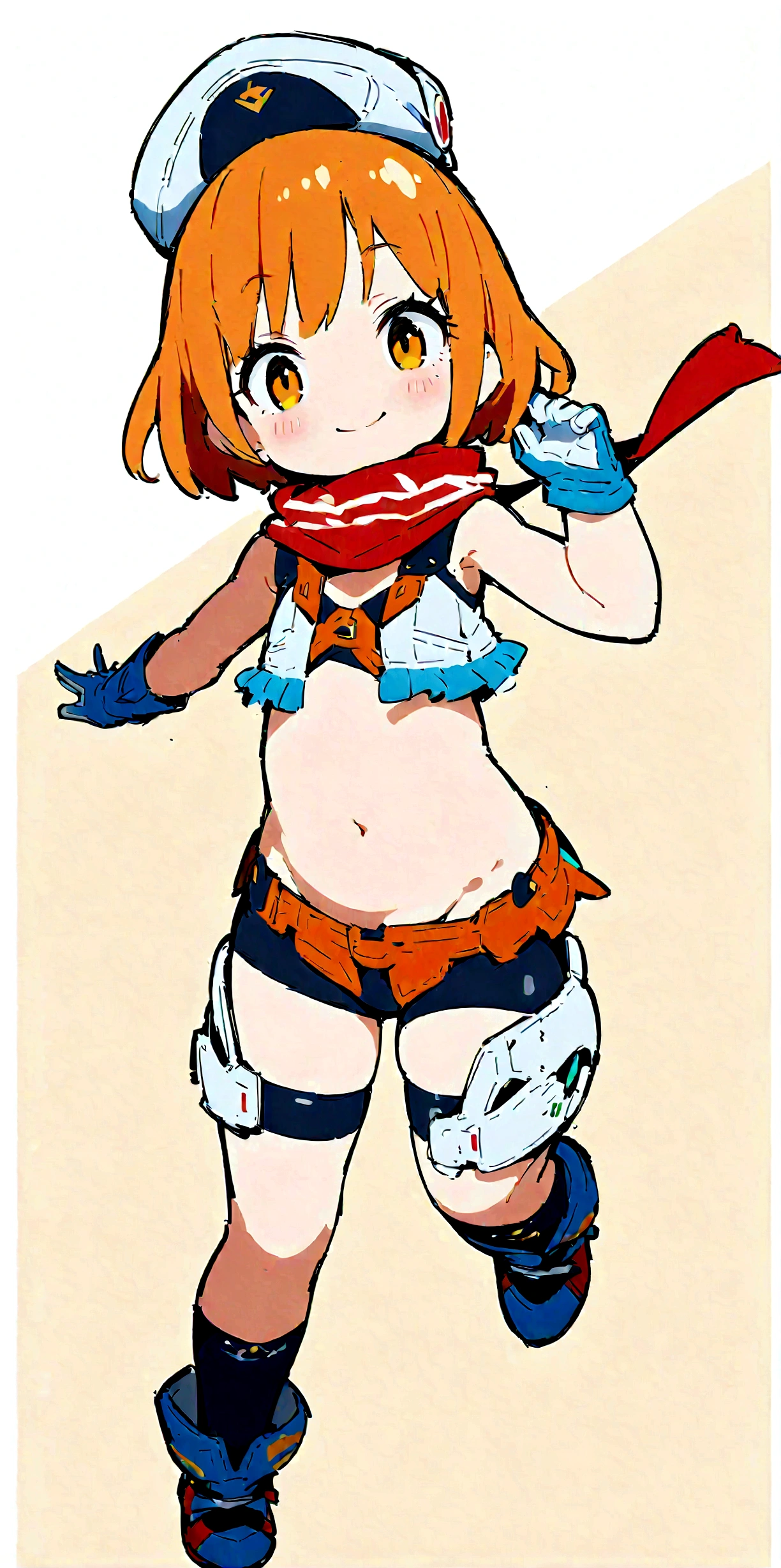 Anime Girls、Abdominal muscles、Orange Hair、short hair、happiness、smile、detailed、Highest quality、masterpiece、Flight Cap、Scarf、hort top、gloves、navel、tiny body