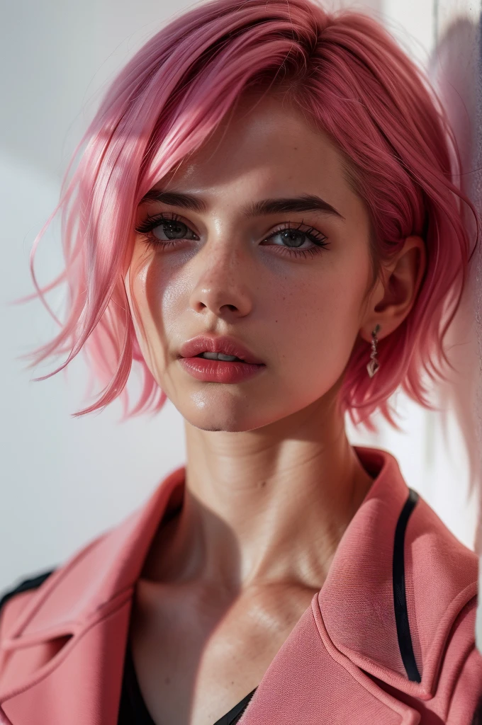 Instagram Photos, French woman, 21 years old, square hair cut,Pink Hair, Close-up portrait, Jacket,shirt, Neckline, pale, Sharp Shadow