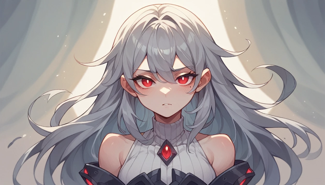 1 teen girl character。whole body、gray hair color、Glowing red eyes、Long Hair、There is a mole under the left eye。The expression is calm、A calm expression that doesn&#39;t show much emotion、Singing with a microphone in a recording studio、