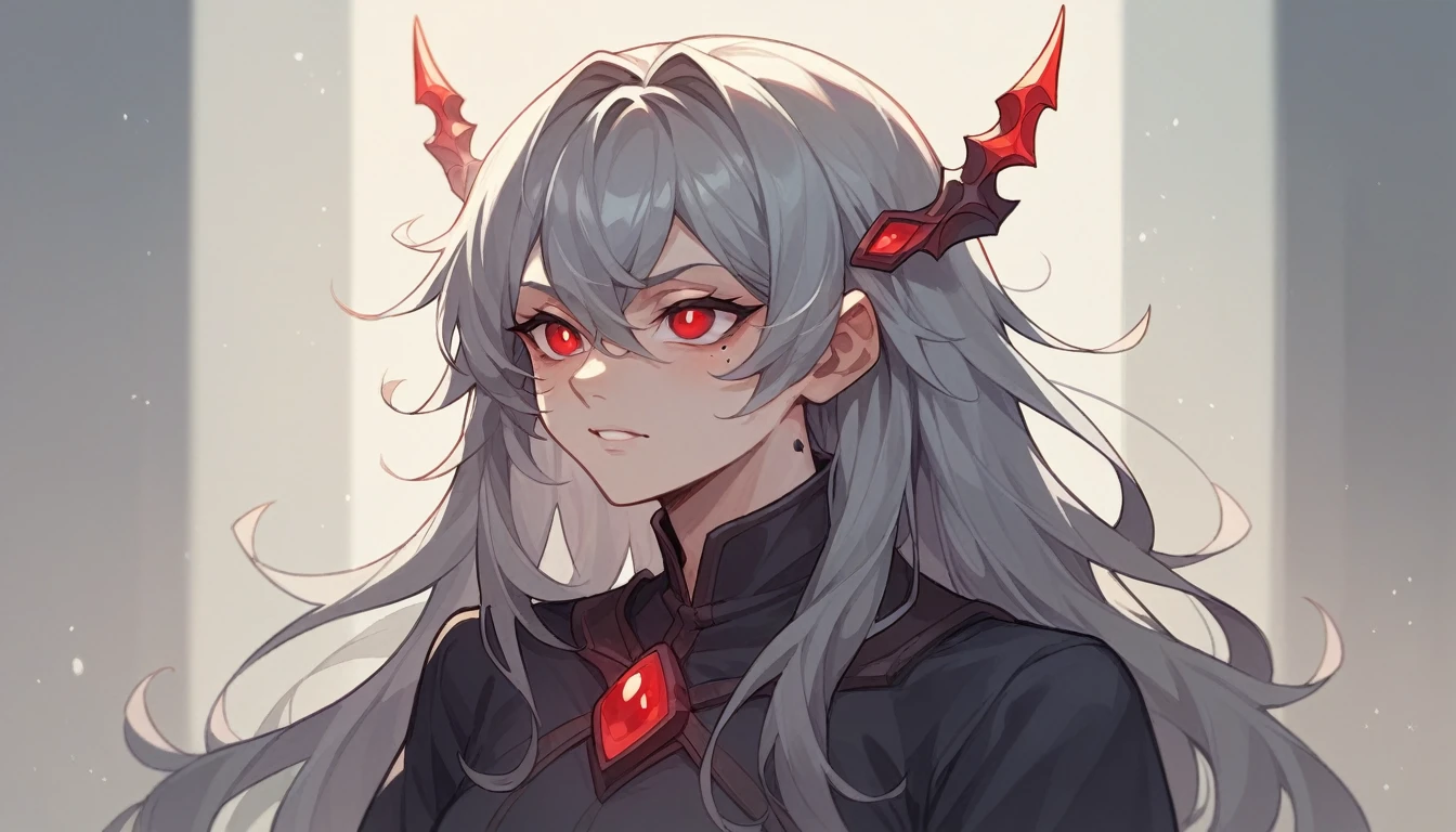 1 teen girl character。whole body、gray hair color、Glowing red eyes、Long Hair、There is a mole under the left eye。The expression is calm、A calm expression that doesn't show much emotion、Singing with a microphone in a recording studio、