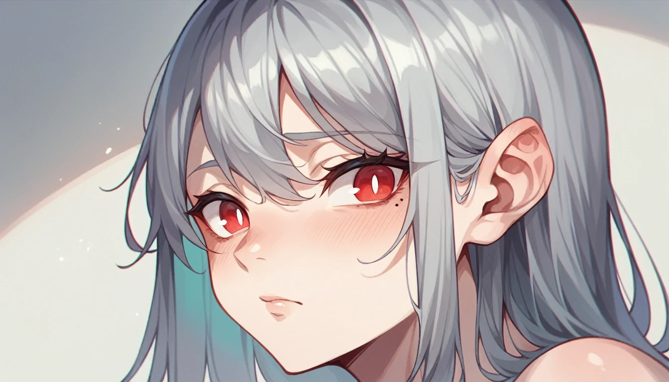 1 girl character。whole body、gray hair color、Glowing red eyes、Long Hair、There is a mole under the left eye。The expression is calm、A calm expression that doesn't show much emotion、Singing with a microphone in a recording studio、