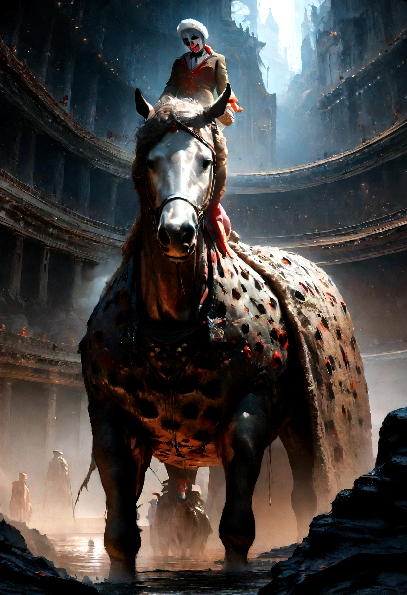 a clown soldier in a war arena on top of a horse, with the appearance of a psychopath, high detailed portrait, intricate suit,, dramatic lighting, surreal atmosphere, (best qualityer, 4K, 8K, high resolution, Masterpiece artwork: 1.2), ultradetailed, (realisitic, fotorrealisitic, fotorrealisitic: 1.37), film composition, sharp focus, physics-based rendering, extreme detail description, proffesional, cinematic lighting