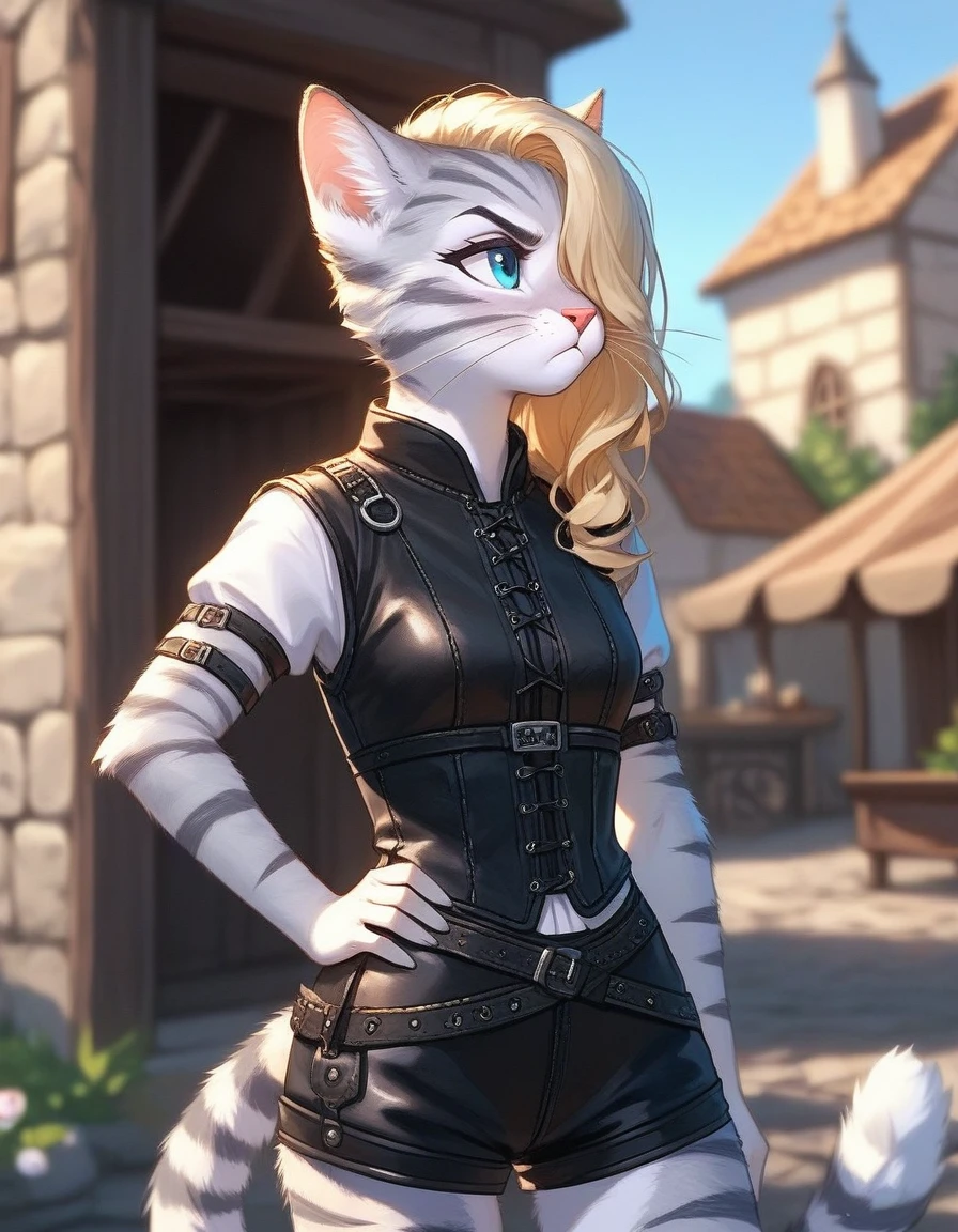 Solo, score_9,score_8_up,score_7_up, source_cartoon, kat, Anthro furry feline, female, tall slender body, long blonde hair, long undercut hair, hair covering one eye,  pink nose, blue eyes, white whiskers, silver fur, grey stripes, furry body, wearing black cloth vest, black leather medieval vest, black short shorts, adventuring gear, looking away, on what’s on hip, outdoors, standing, pouting, at a campsite, some random medieval soldiers hanging out in the background d