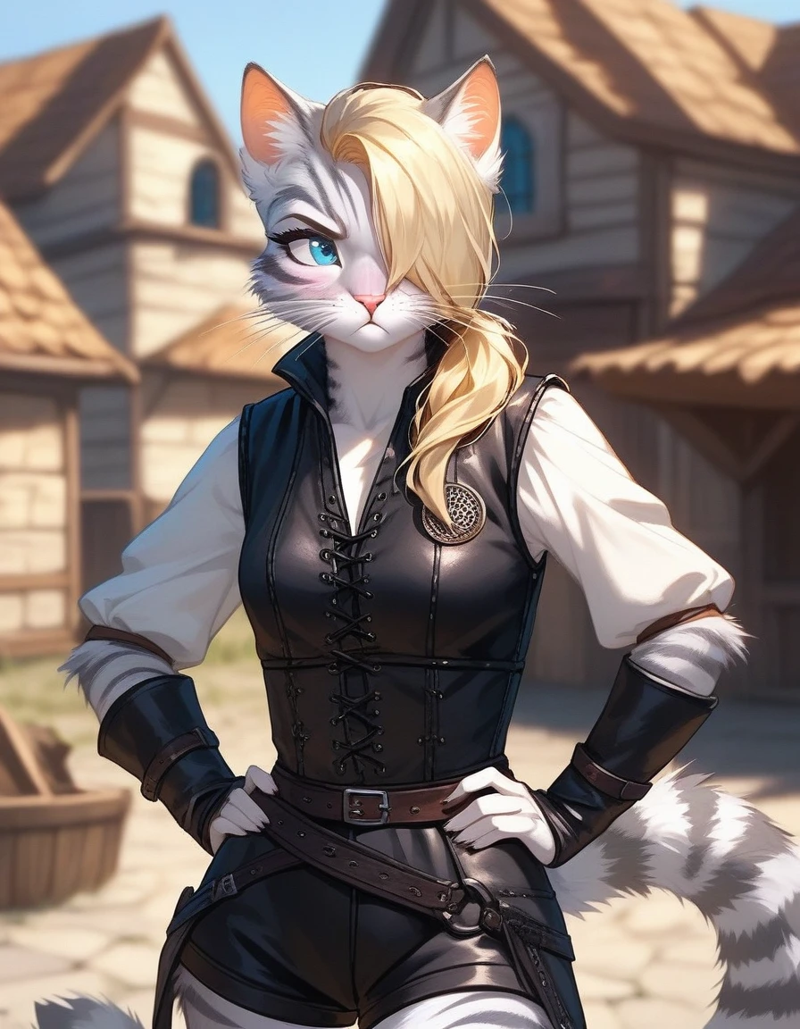 Solo, score_9,score_8_up,score_7_up, source_cartoon, kat, Anthro furry feline, female, tall slender body, long blonde hair, long undercut hair, hair covering one eye, pink nose, blue eyes, white whiskers, silver fur, grey stripes, furry body, wearing black vest, black leather medieval vest, black short shorts, adventuring gear, looking away, on what’s on hip, outdoors, standing, pouting, at a campsite, some random medieval soldiers hanging out in the background d