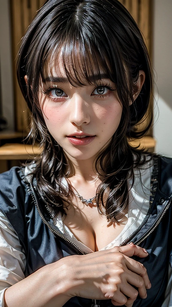 (masterpiece:1.3), (8K, Photorealistic, Raw photo, Best image quality: 1.4), Japanese schoolgirl、(Random Hairstyles:1.2)、Cleavage:1.2、Super detailed face、Attention to detail、double eyelid、Put your chest together、Sharp focus:1.2、Beautiful woman:1.4、Light brown hair、Highest quality、masterpiece、Ultra-high resolution、(Photorealistic:1.4)、, compensate, eye shadow, Thick eyelashes, Fantasy, Looking at the audience, spring ((Natural big breasts:1.2)),((Upper Body))