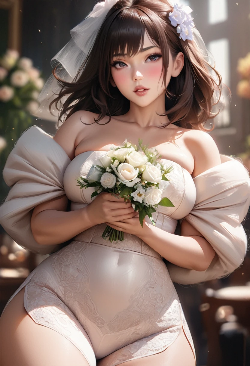 masterpiece:1.2, best quality), realistic, (real picture, intricate details, depth of field), (1girl, solo), make up, parted lips, highly-detailed, perfect face, (skindentation), thick thighs, wide hips, small waist, tall, glossy coral lips,, (A girl in a wedding dress with flowers in hands )), sexy, blushing, Mikasa from AOT (Cammy de streat fighter) (de costas) (posição sexy) (pouca roupa) (corpo perfeito) (magem realista)